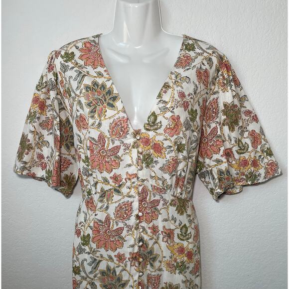 Mango Buttoned Floral Linen Blend Midi Dress With Tie String In Back - Size 14 - Picture 5 of 8